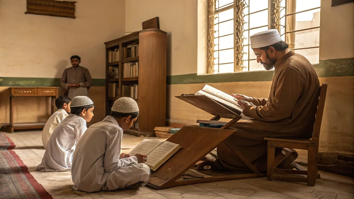 Illustration d’une classe coranique traditionnelle où la méthode Nourania est transmise pour apprendre la lecture du Coran