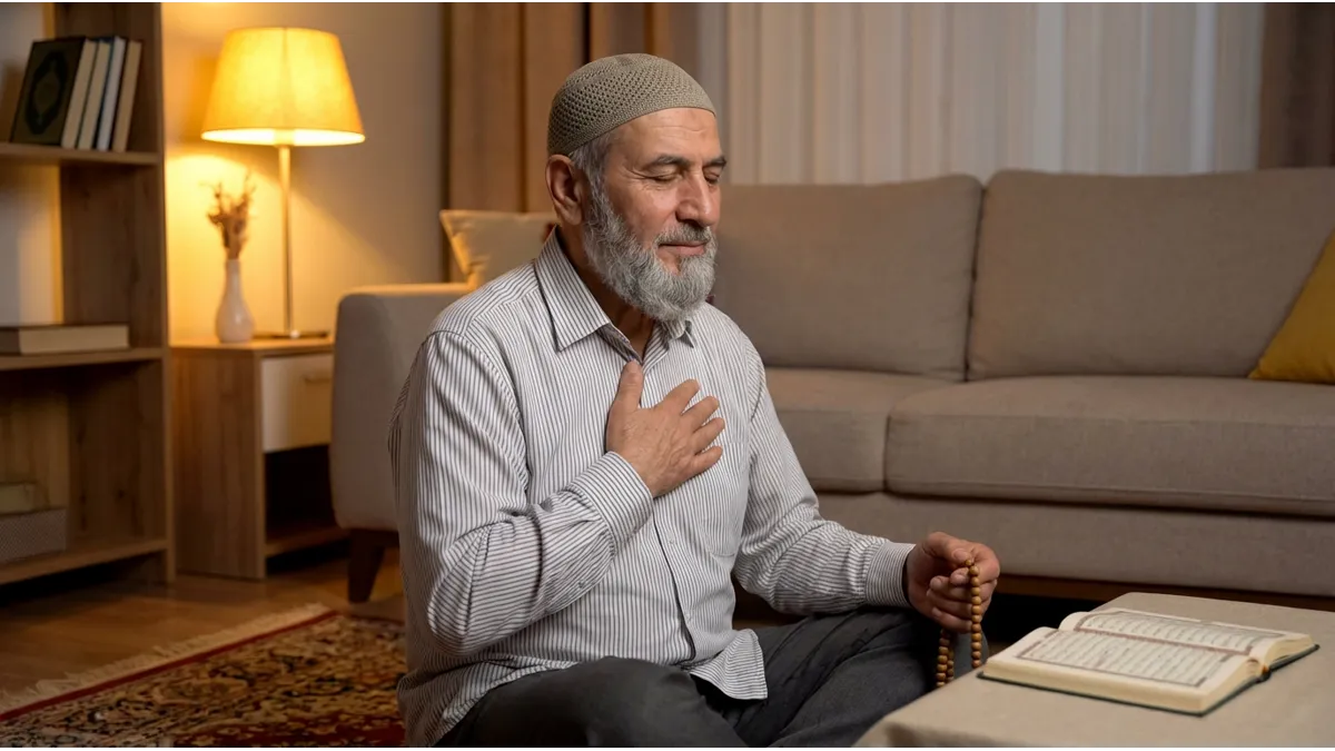 Un homme musulman avec la main sur le cœur pratiquant le dhikr en islam.