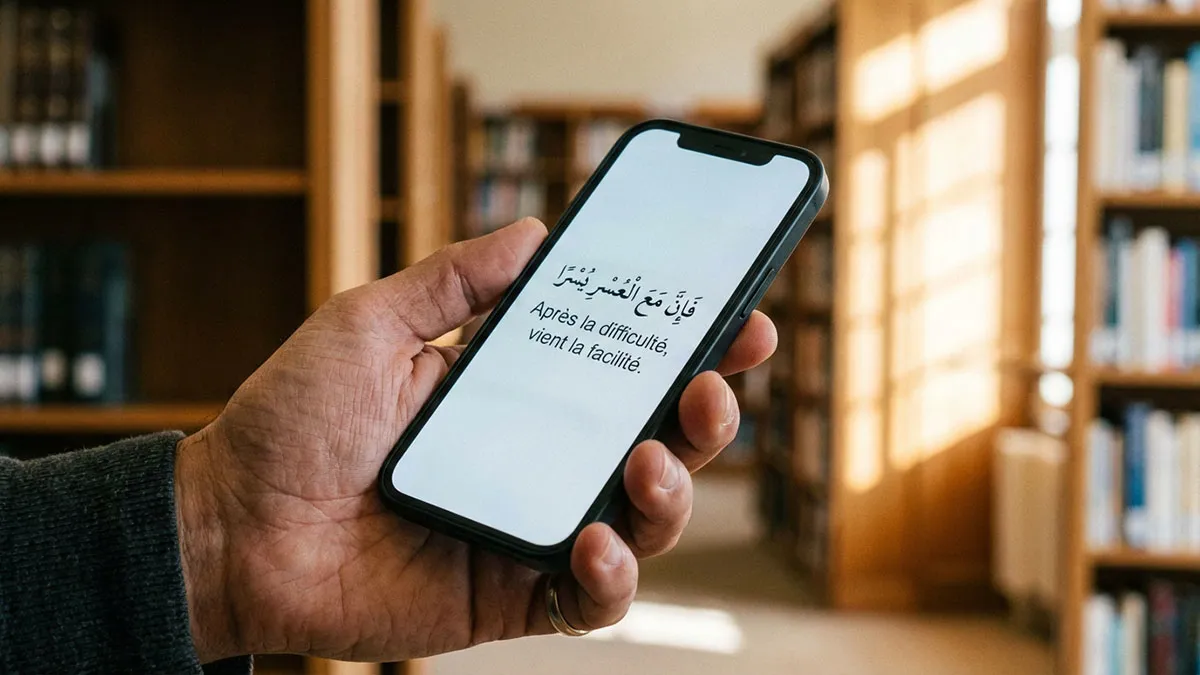 Main d'un homme tenant un téléphone affichant des rappels islamiques