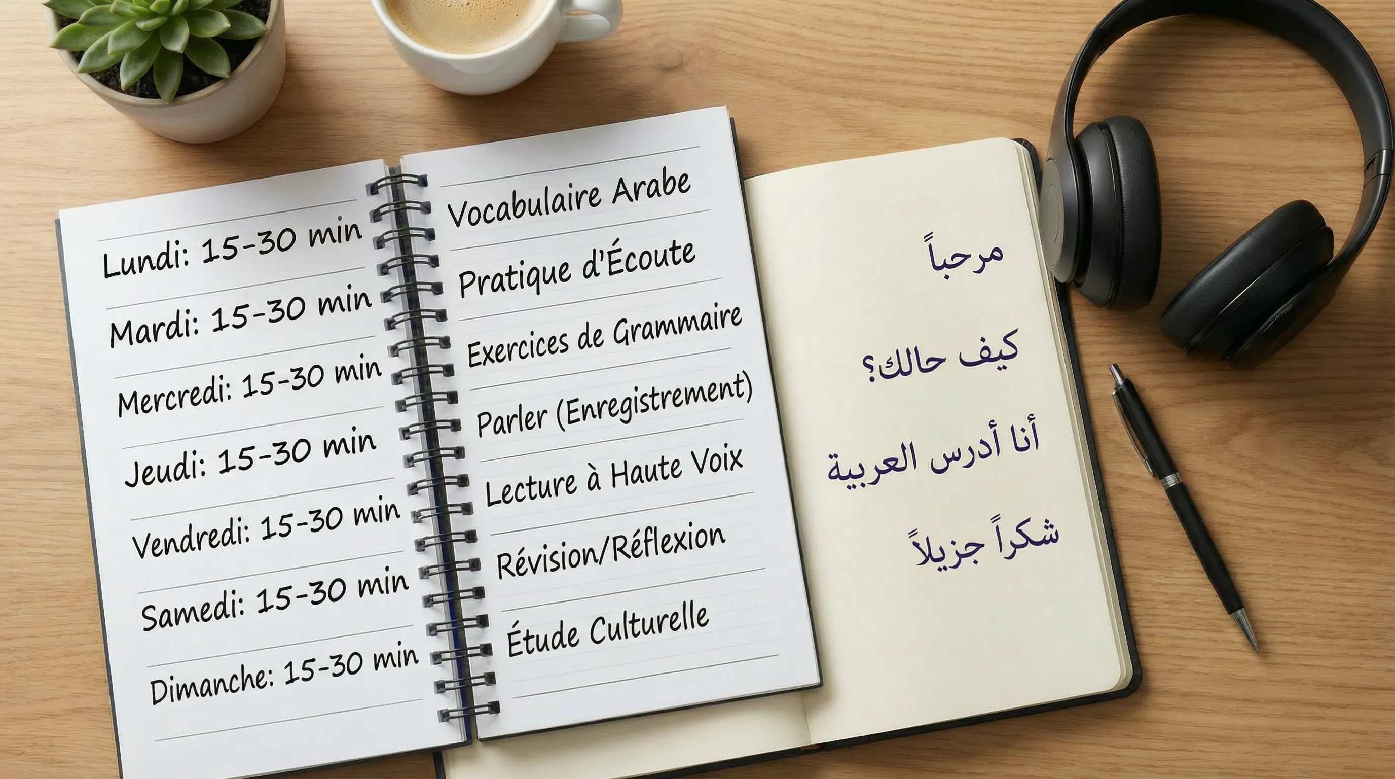 Routine hebdomadaire pour parler arabe couramment avec écoute et pratique.