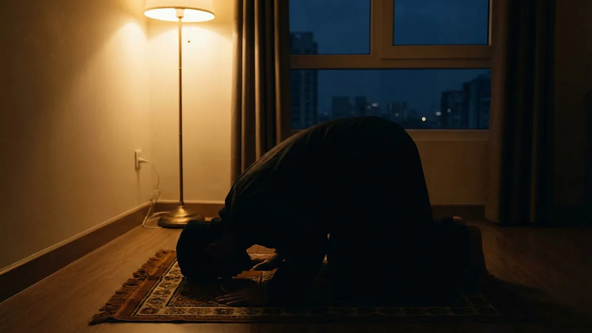 Jeune homme en prosternation pour le Qiyam al layl pendant Ramadan