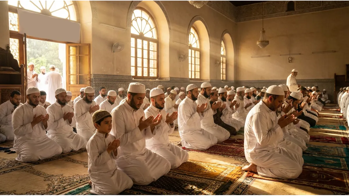 Un jeune garçon en prière pour célébrer la Date de Aid el-Fitr 2026 France.