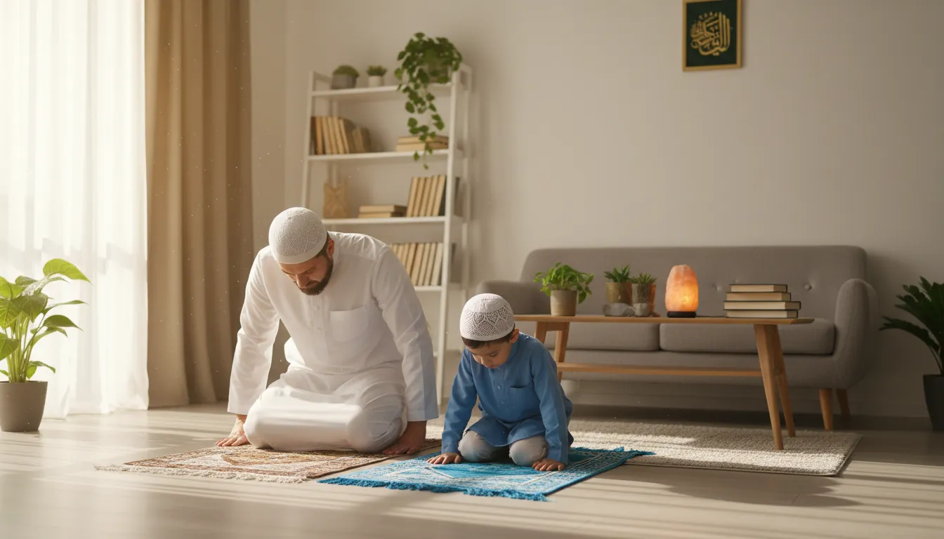 Un père et son fils priant ensemble