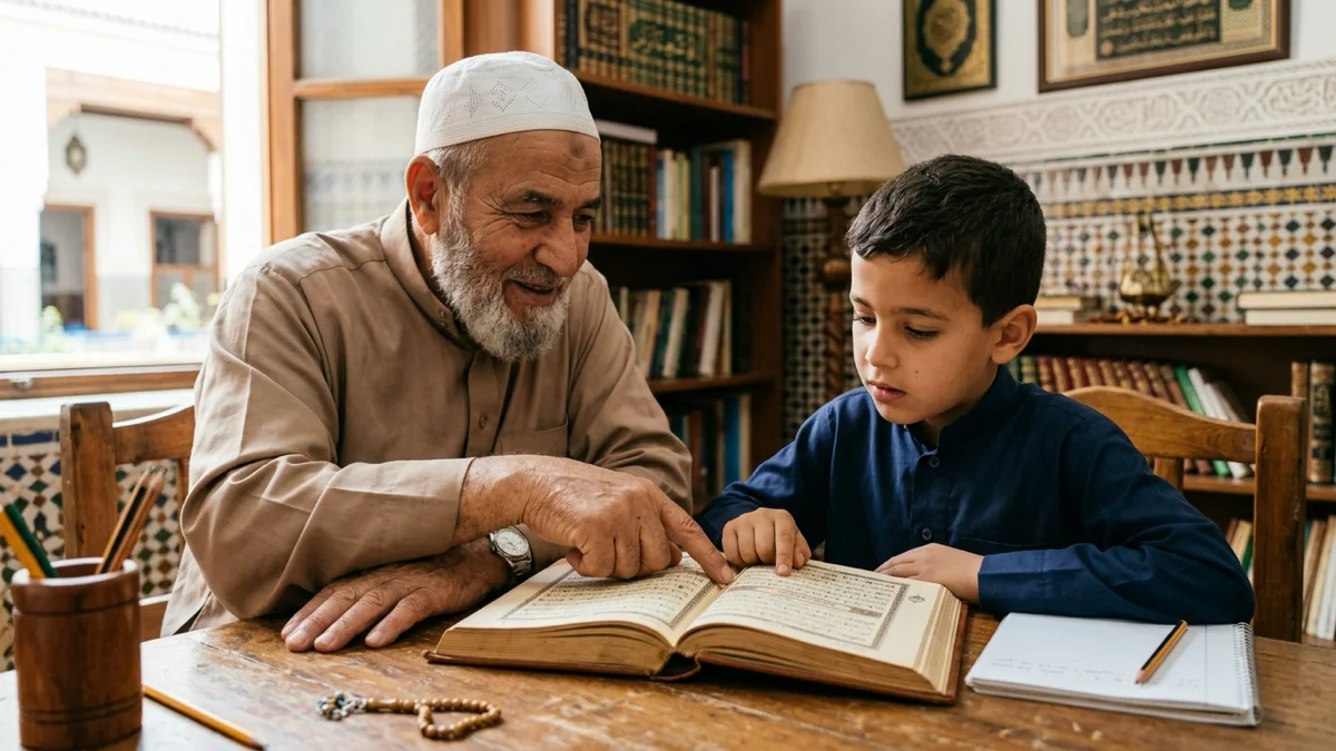 Un professeur montrant les règles des chiffres en arabe à un jeune élève.