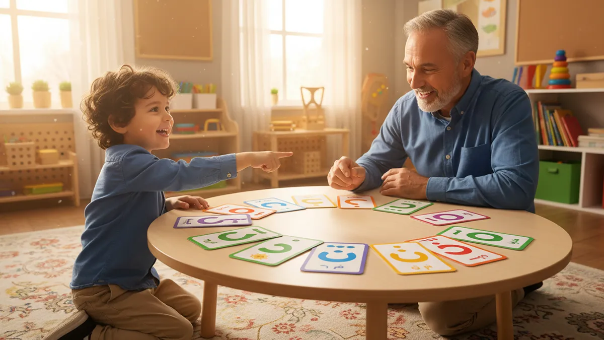 Jeune garçon pointant des lettres arabes colorées