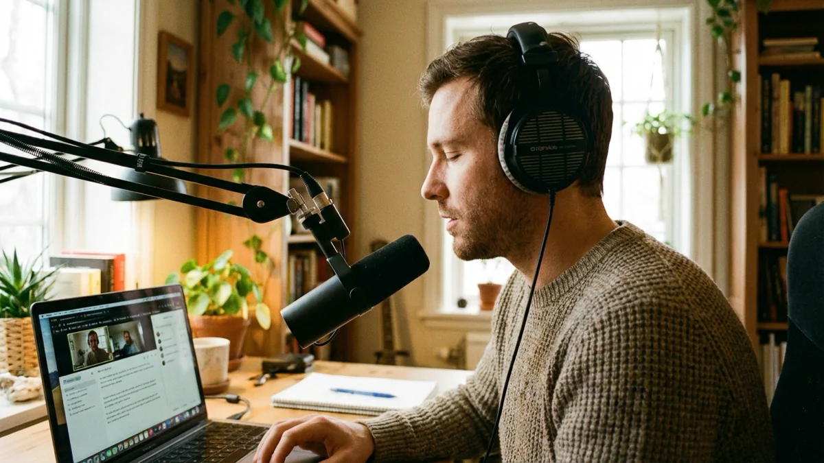 Homme avec casque audio pratiquant pour parler l'arabe littéraire pour débutant