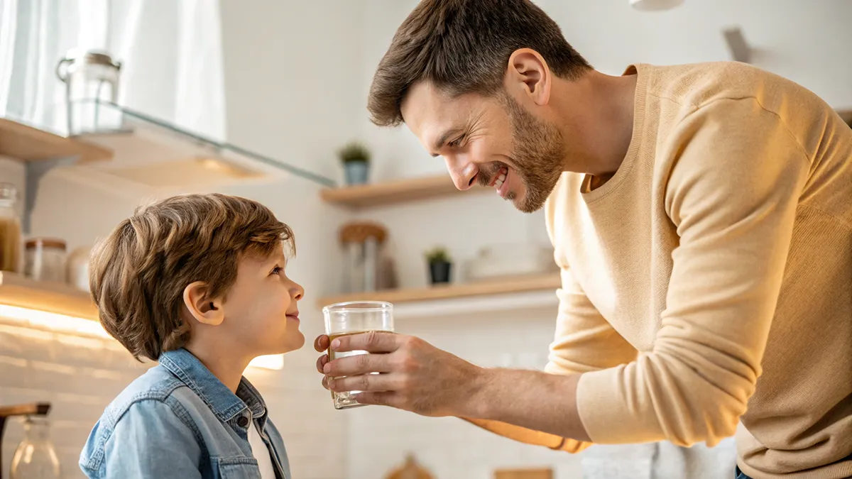 Père tendant un verre d'eau à son fils