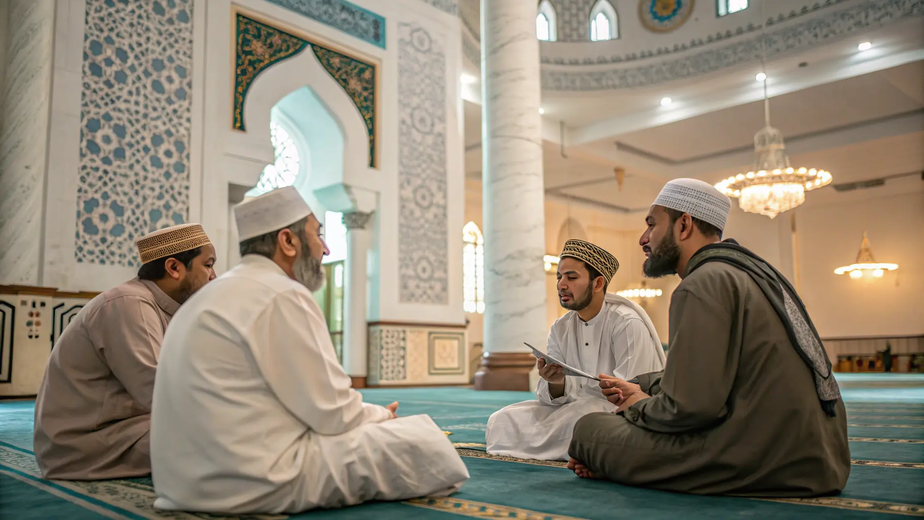 Un groupe d'hommes discutant calmement dans une mosquée