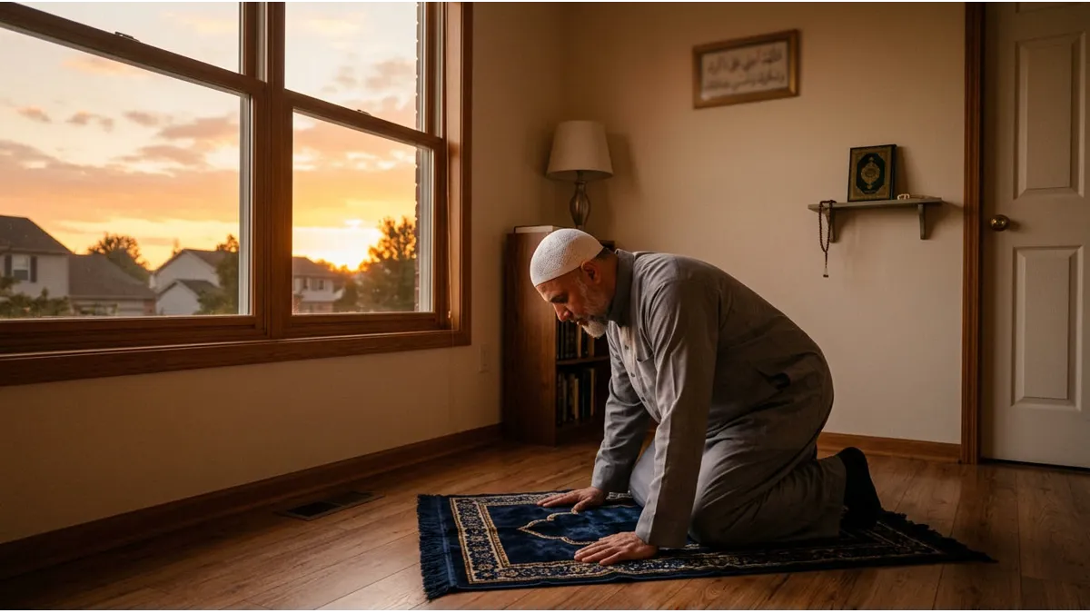 Homme rattrapant sa prière Asr avant le coucher du soleil