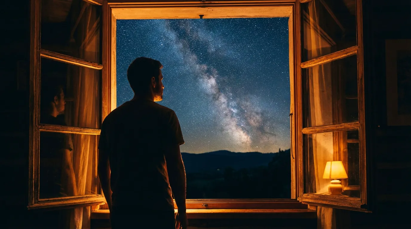 Un homme regardant le ciel étoilé pour bien finir Ramadan.