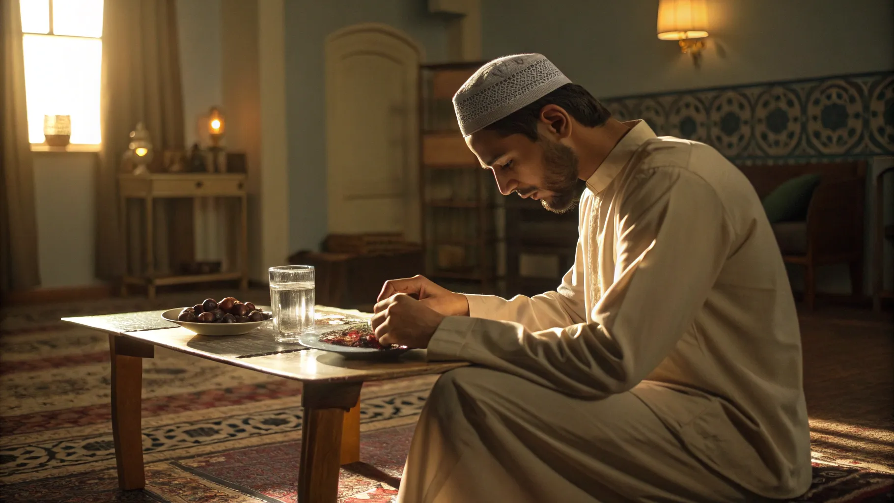 Un jeune homme rompant son jeûne avec des dattes