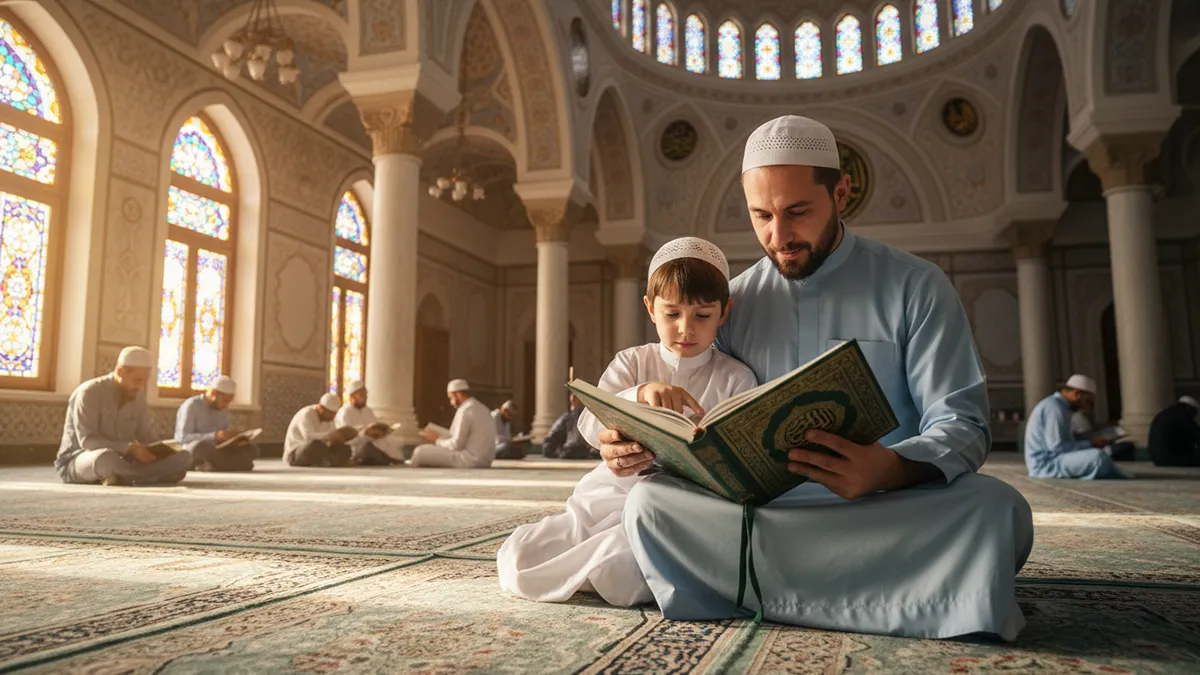 Père et fils lisant le Coran