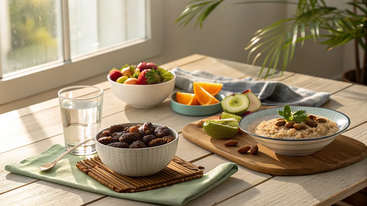 Table de Suhoor avec dattes, eau et fruits