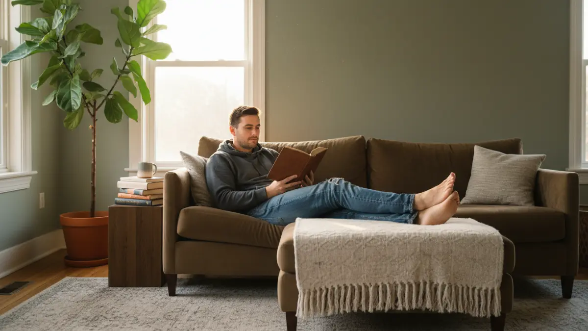 Un homme se repose en lisant un livre pour sa routine ramadan de l'après-midi