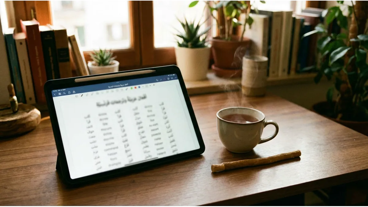 Tablette affichant un guide PDF sur les verbes arabes courants