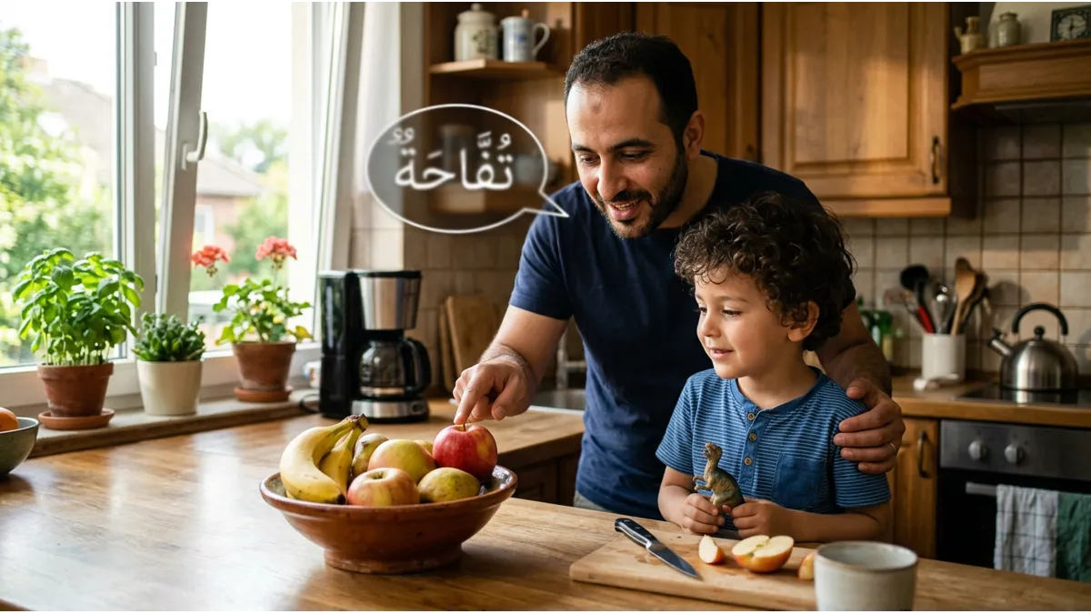 Intégrer le vocabulaire dans la routine d'arabe pour enfant à la maison lors des repas.