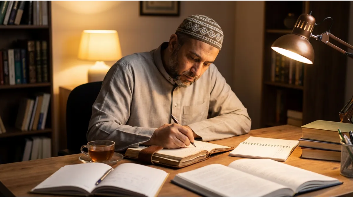 Un homme écrivant son programme de dhikr en islam dans un carnet.