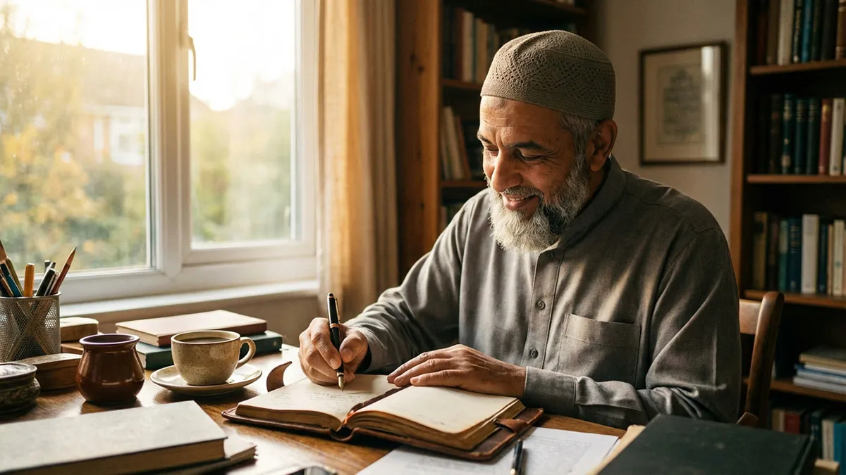 Homme écrivant ses rappels islamiques du jour dans un journal