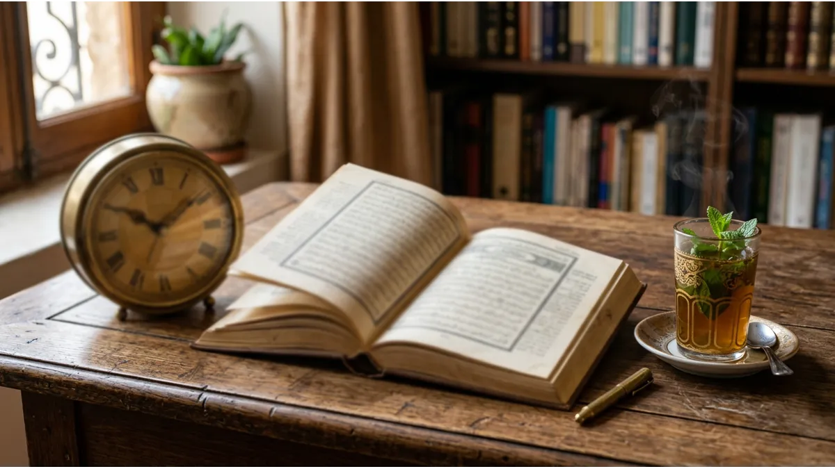Une montre et un livre d'arabe symbolisant la routine de répétition pour apprendre l'arabe et Coran.