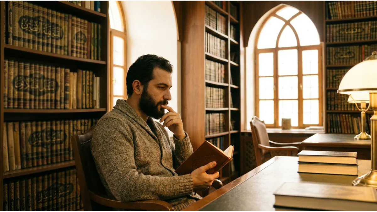 Un homme en pleine réflexion devant les Mutashabihât du Coran.