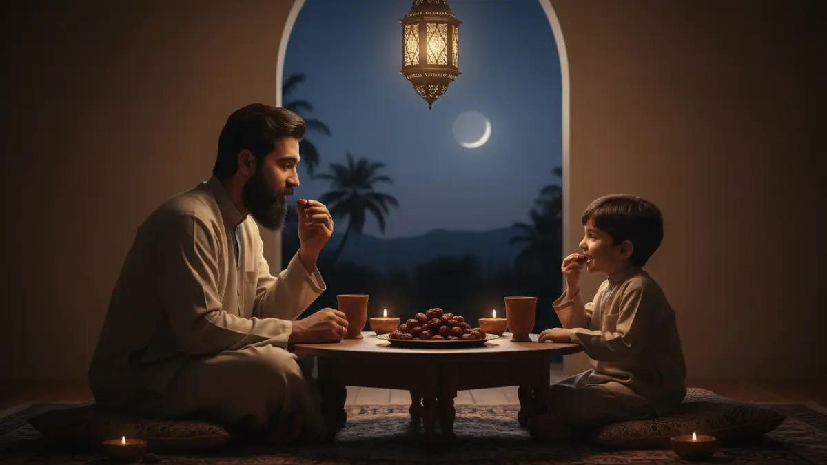 Un homme et son fils mangent des dattes pour leur routine ramadan avant l'aube