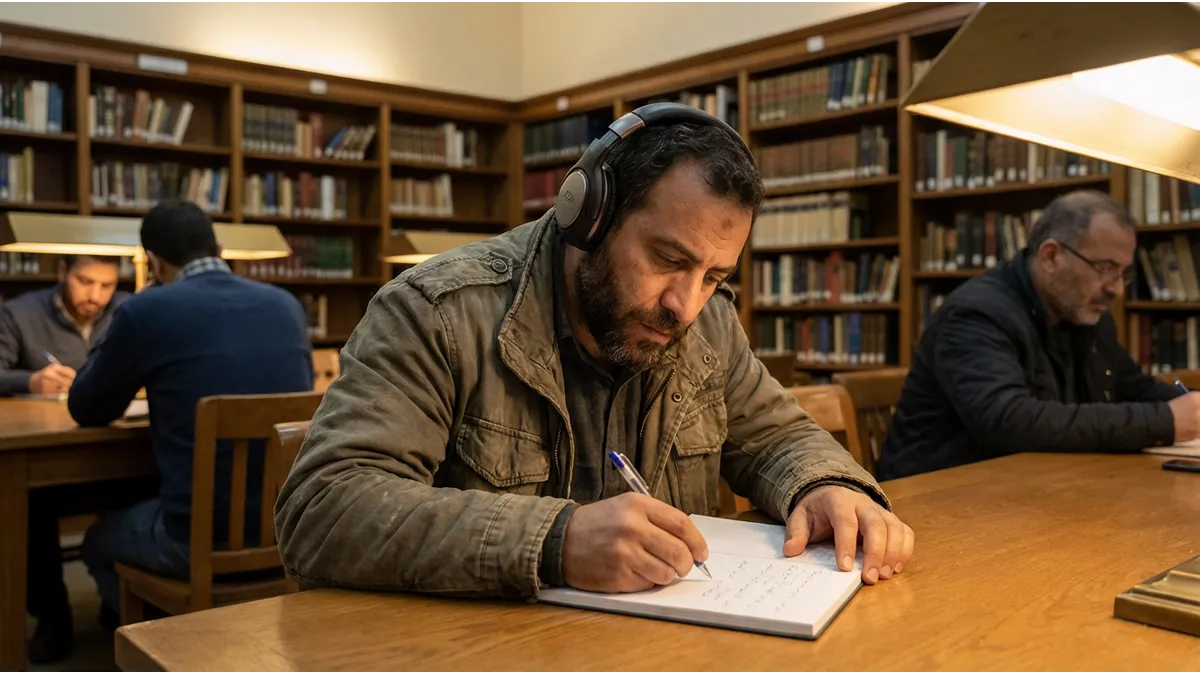 Un homme concentré sur ses exercices pour apprendre à écrire en arabe