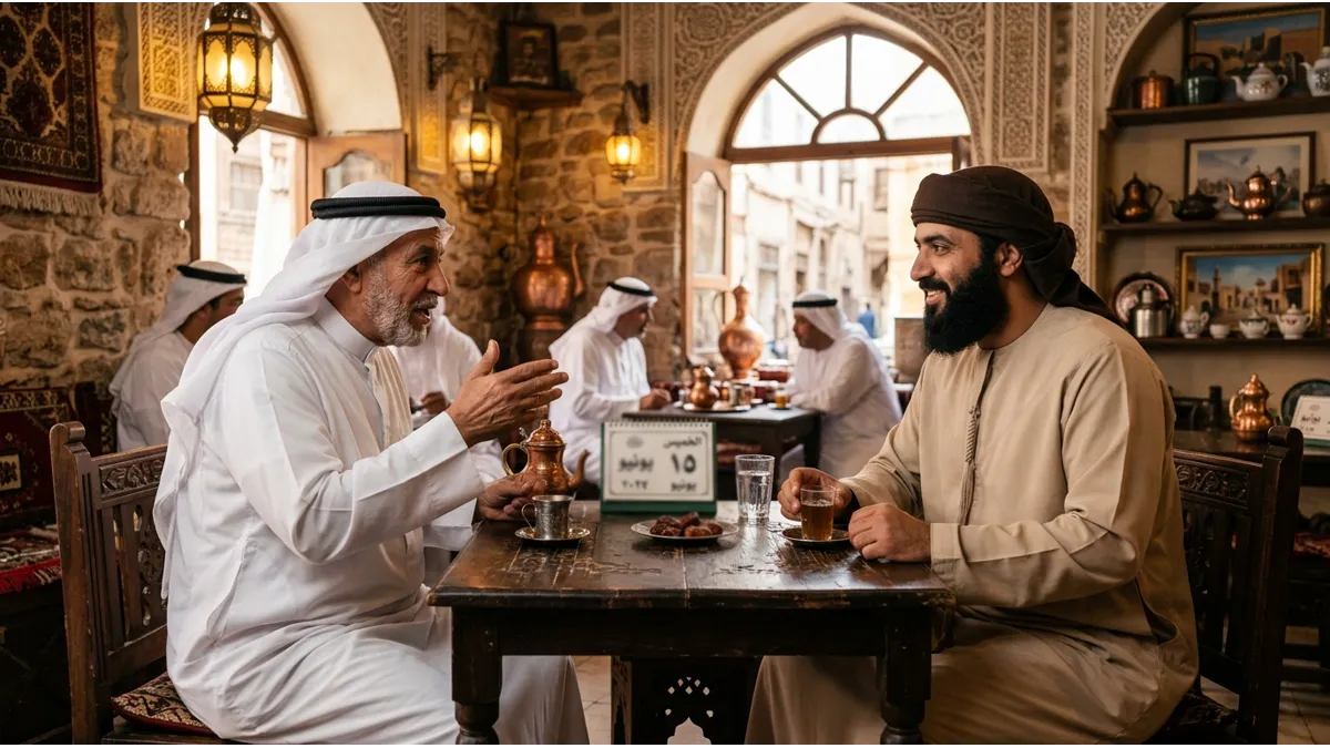 Deux hommes discutant et planifiant leur semaine en arabe