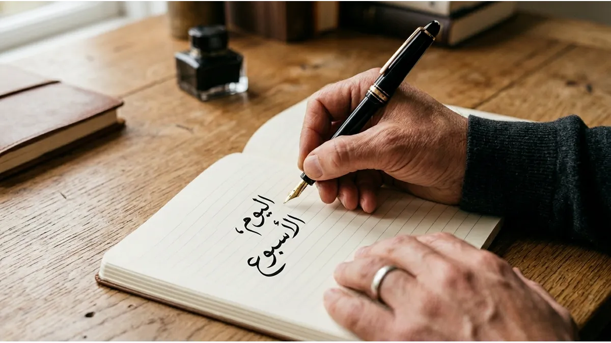 Gros plan sur l'écriture manuscrite des mots jour et semaine en arabe