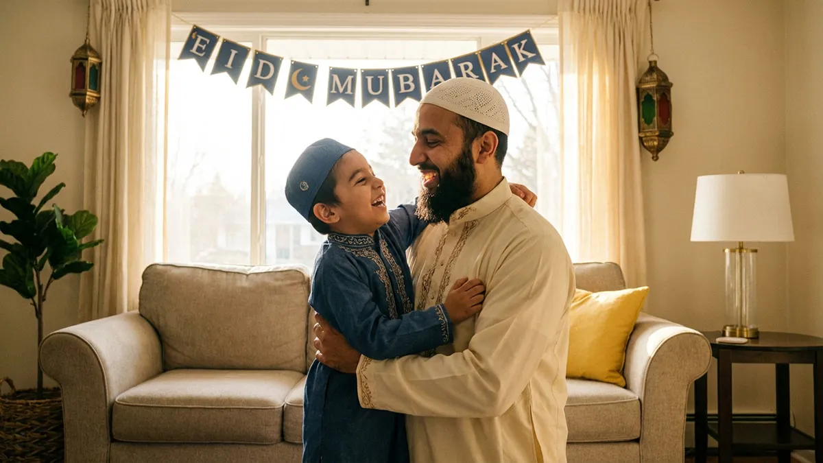 Un père et son jeune fils souriant en tenue traditionnelle pour Eid al-Fitr