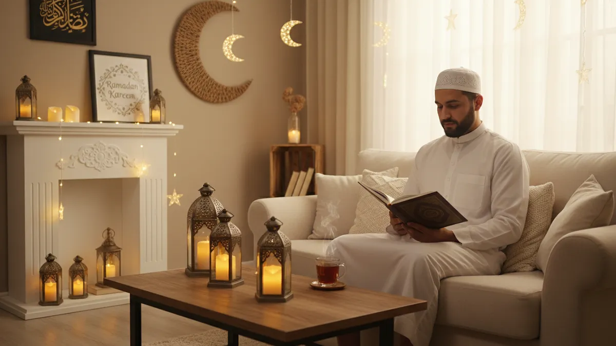 Un homme musulman lisant un livre religieux dans un salon chaleureux avec des lanternes de Ramadan
