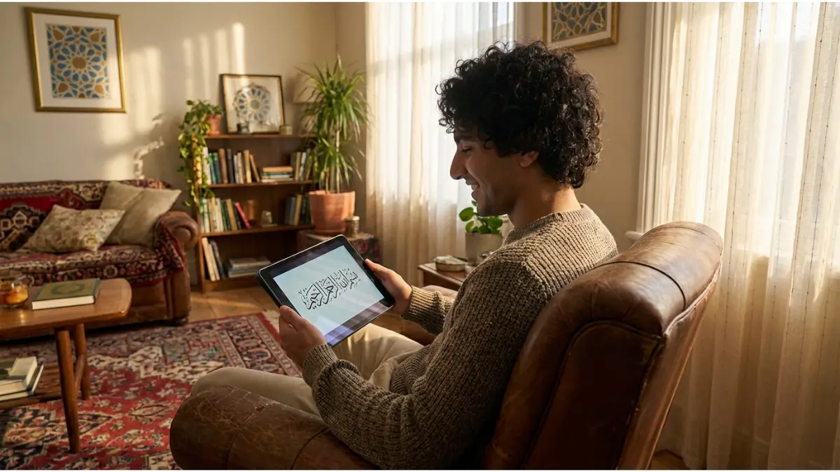 Un homme apprend le Coran en ligne pour nouveaux musulmans avec une tablette dans un salon chaleureux.
