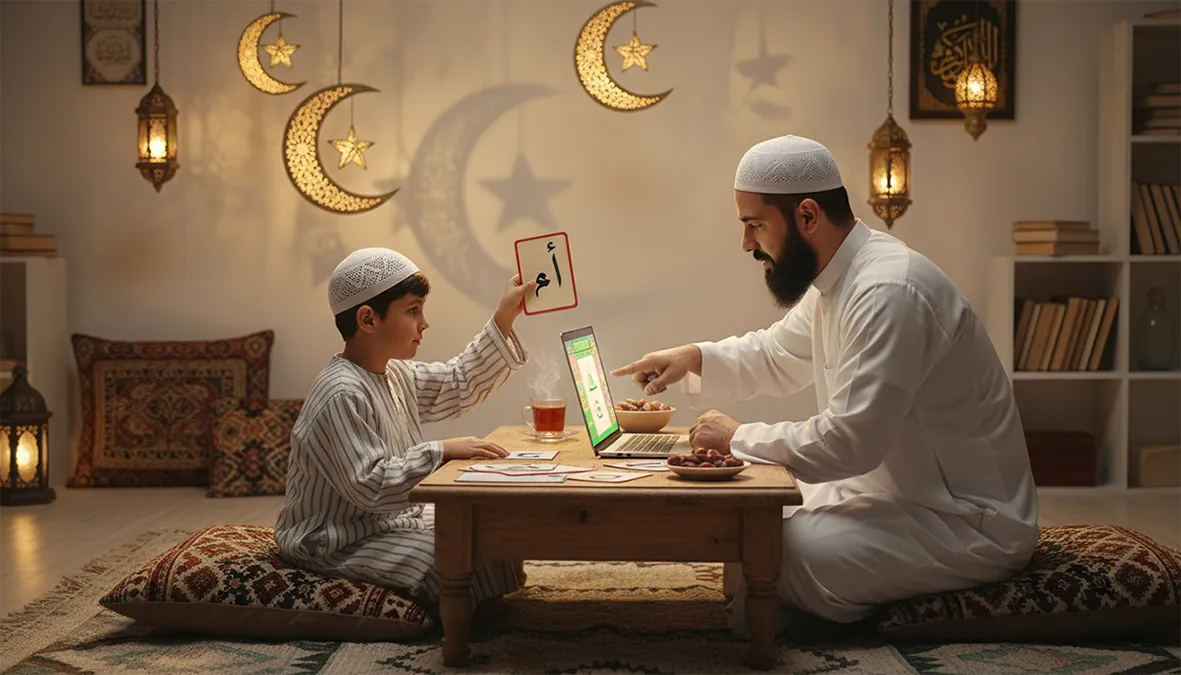 Un homme et un enfant apprenant l'arabe ensemble pendant le Ramadan