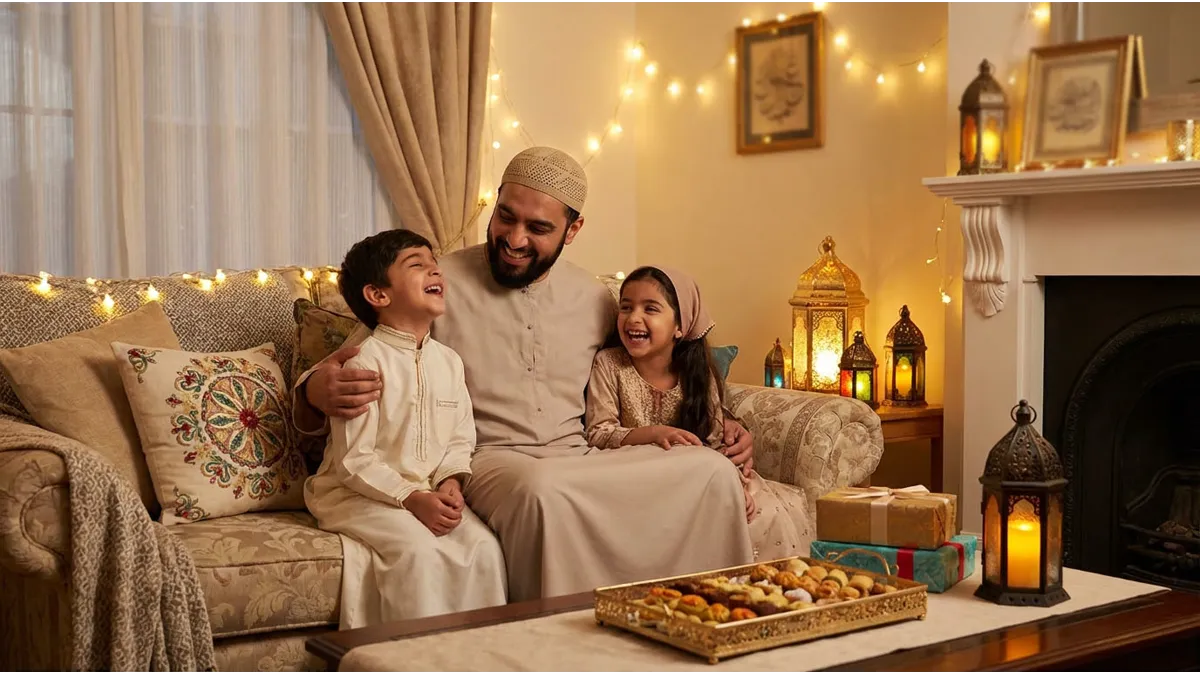 Un père et ses enfants célèbrent la Date de Aid el-Fitr 2026 France dans un salon décoré.