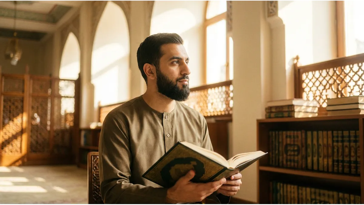 Un homme musulman assis dans une bibliothèque islamique cherchant quelle petite sourate apprendre selon son niveau.