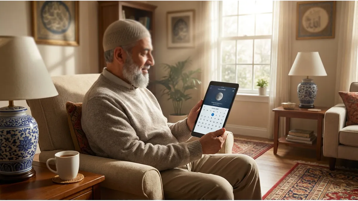 Un homme musulman assis dans un salon chaleureux consultant un calendrier numérique pour les 6 jours de Chawwal 2026.