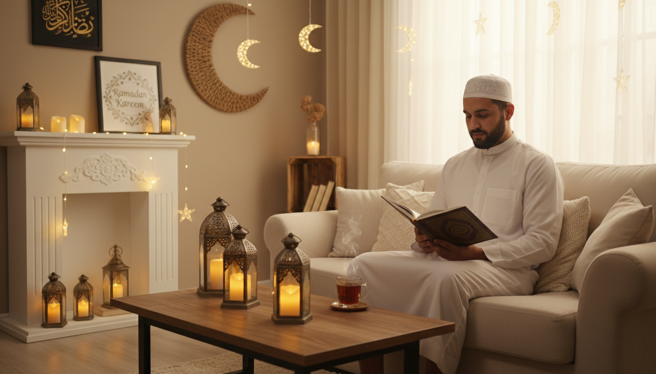 Un homme musulman lisant un livre religieux dans un salon chaleureux avec des lanternes de Ramadan