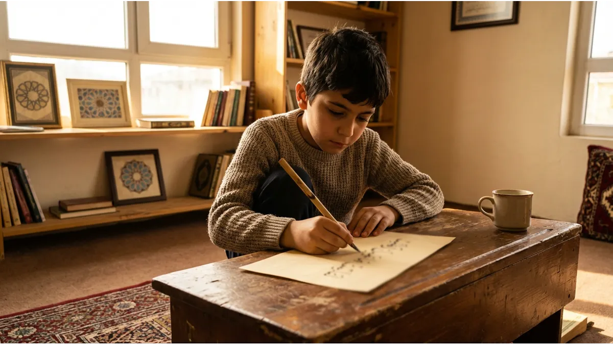 Un jeune garçon assis à un bureau en bois apprenant à écrire en arabe avec un calame