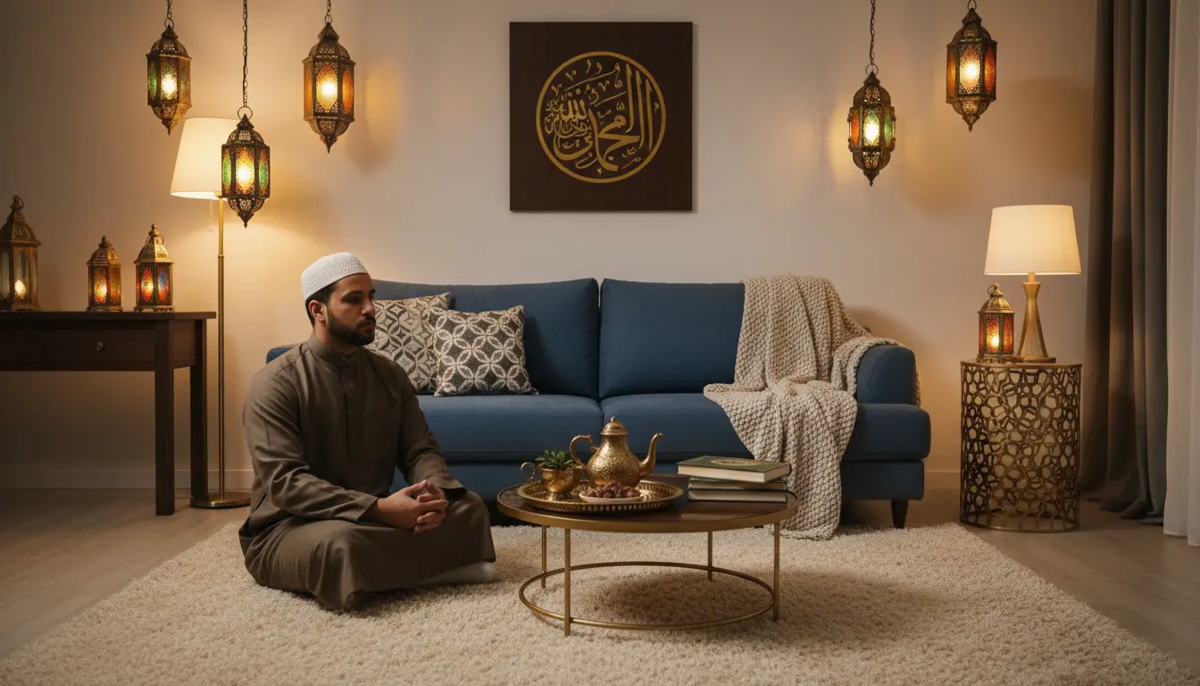 Un homme musulman en prière dans un salon chaleureux décoré pour le Ramadan
