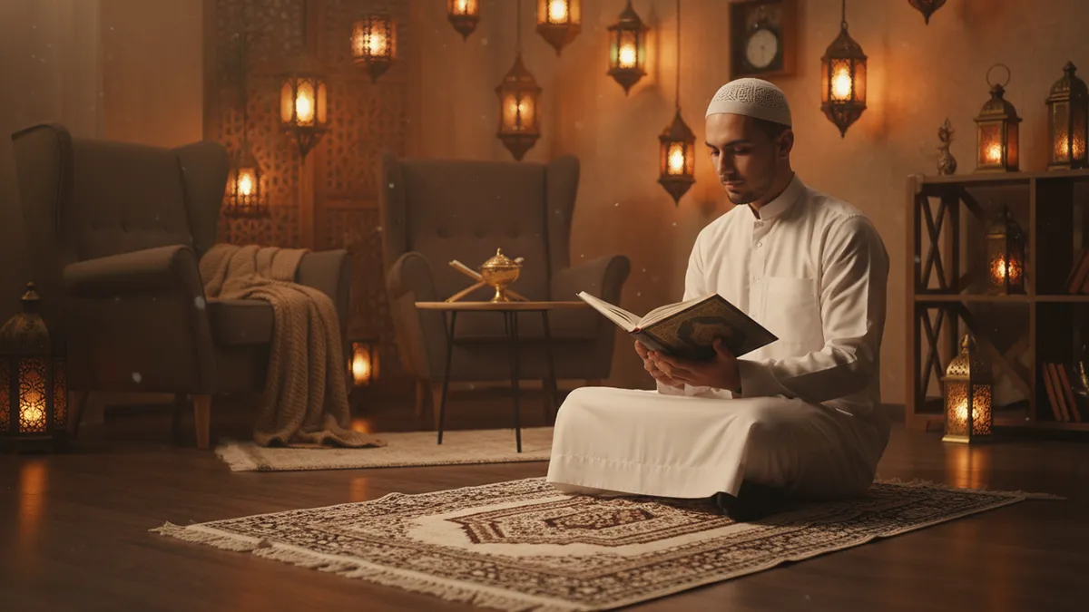 Un homme musulman lisant le Coran dans une ambiance chaleureuse de Ramadan