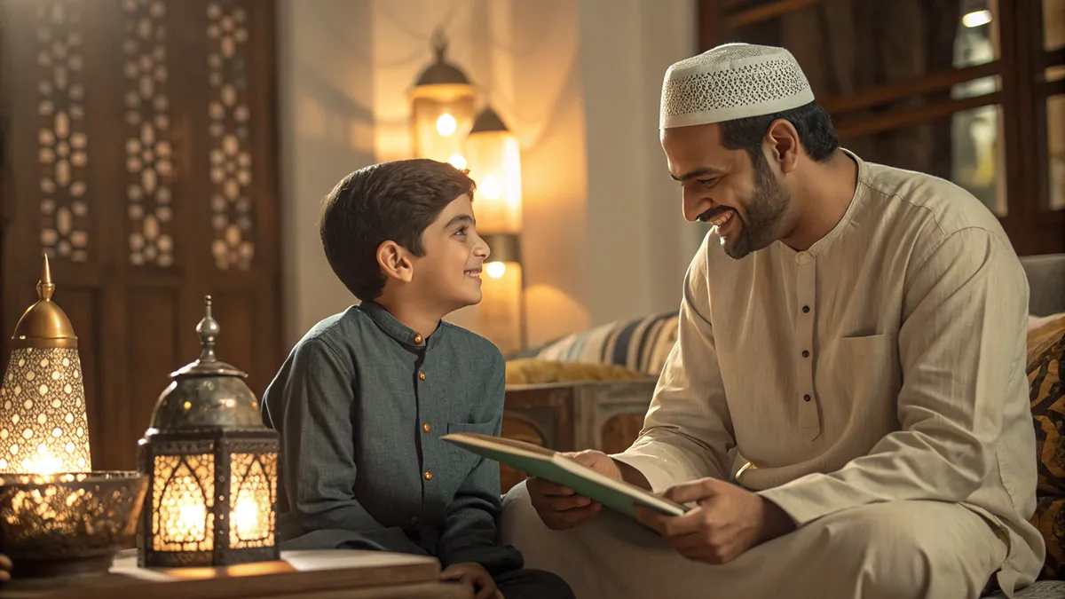 Un père et son fils discutant du Ramadan dans un salon chaleureux