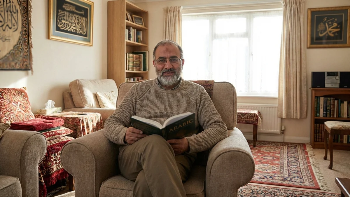 Un homme assis dans un salon chaleureux étudiant pour parler l'arabe littéraire pour débutant