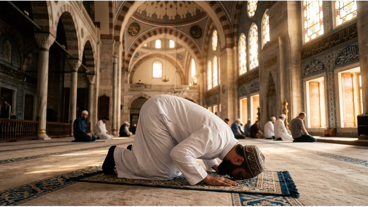 Un homme accomplissant la prière Asr avec dévotion dans une mosquée