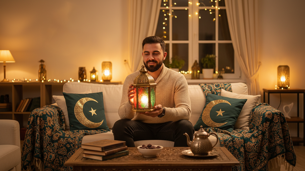 Un homme souriant tenant une lanterne traditionnelle de Ramadan