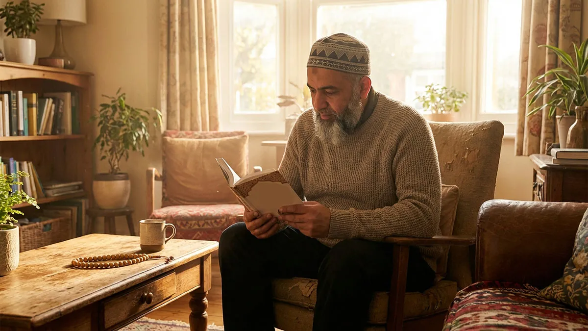 Un homme méditant sur des rappels islamiques dans un salon chaleureux