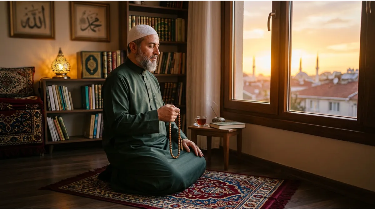 Un homme musulman récitant les invocations du soir avec un tasbih au coucher du soleil