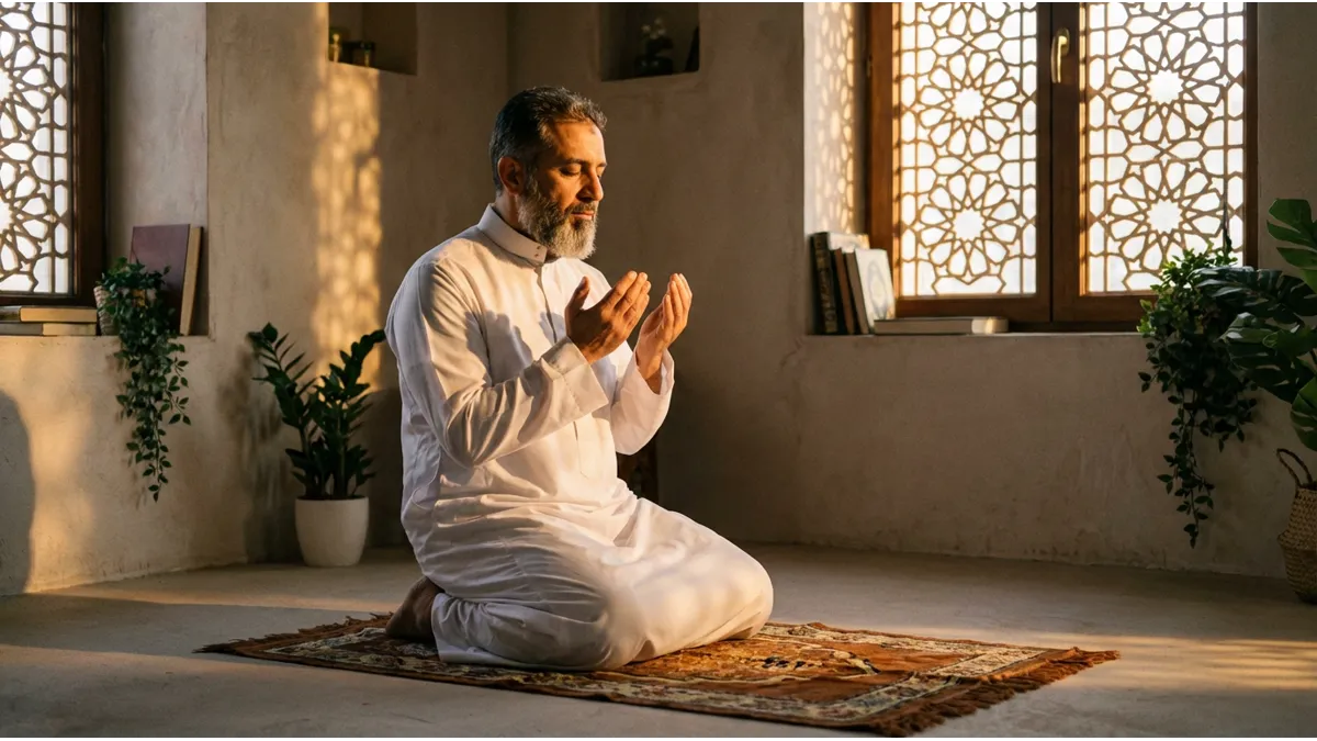 Un homme en qamis blanc faisant la doua du jour de Arafat avec ferveur
