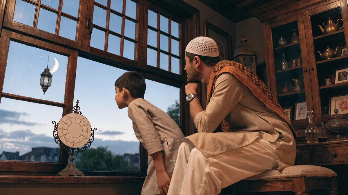Un homme et un enfant regardant un calendrier islamique sous une lumière chaleureuse