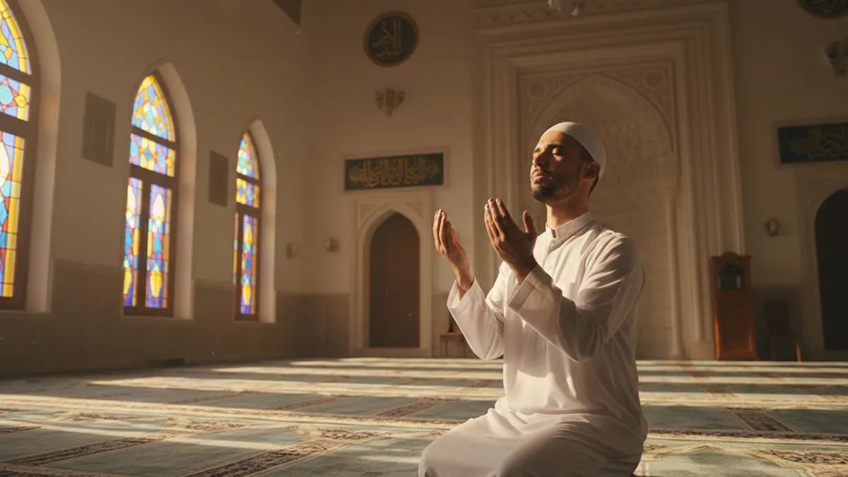 Homme musulman en prière récitant la sourate al fatiha dans une mosquée