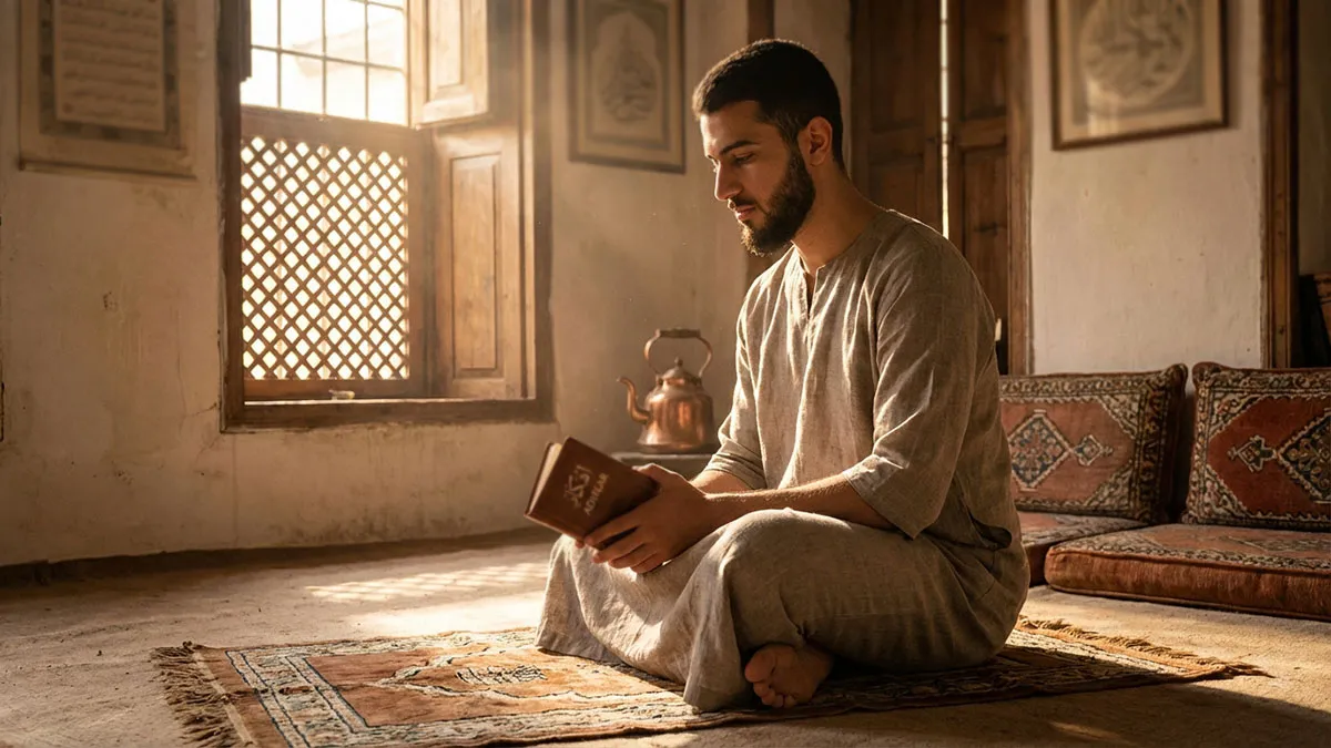 Un homme assis sereinement avec un livre d'invocations du matin dans une ambiance chaleureuse