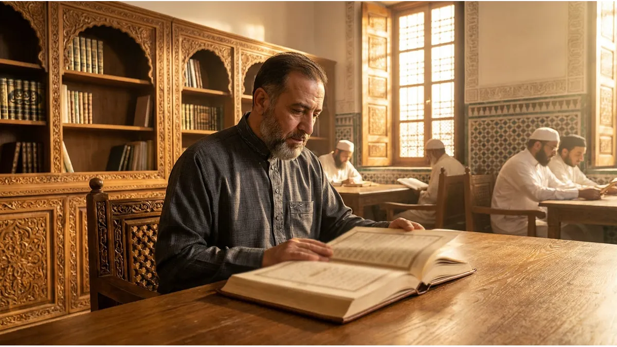 Un homme barbu en tenue traditionnelle étudiant les verbes arabes courants dans une bibliothèque chaleureuse